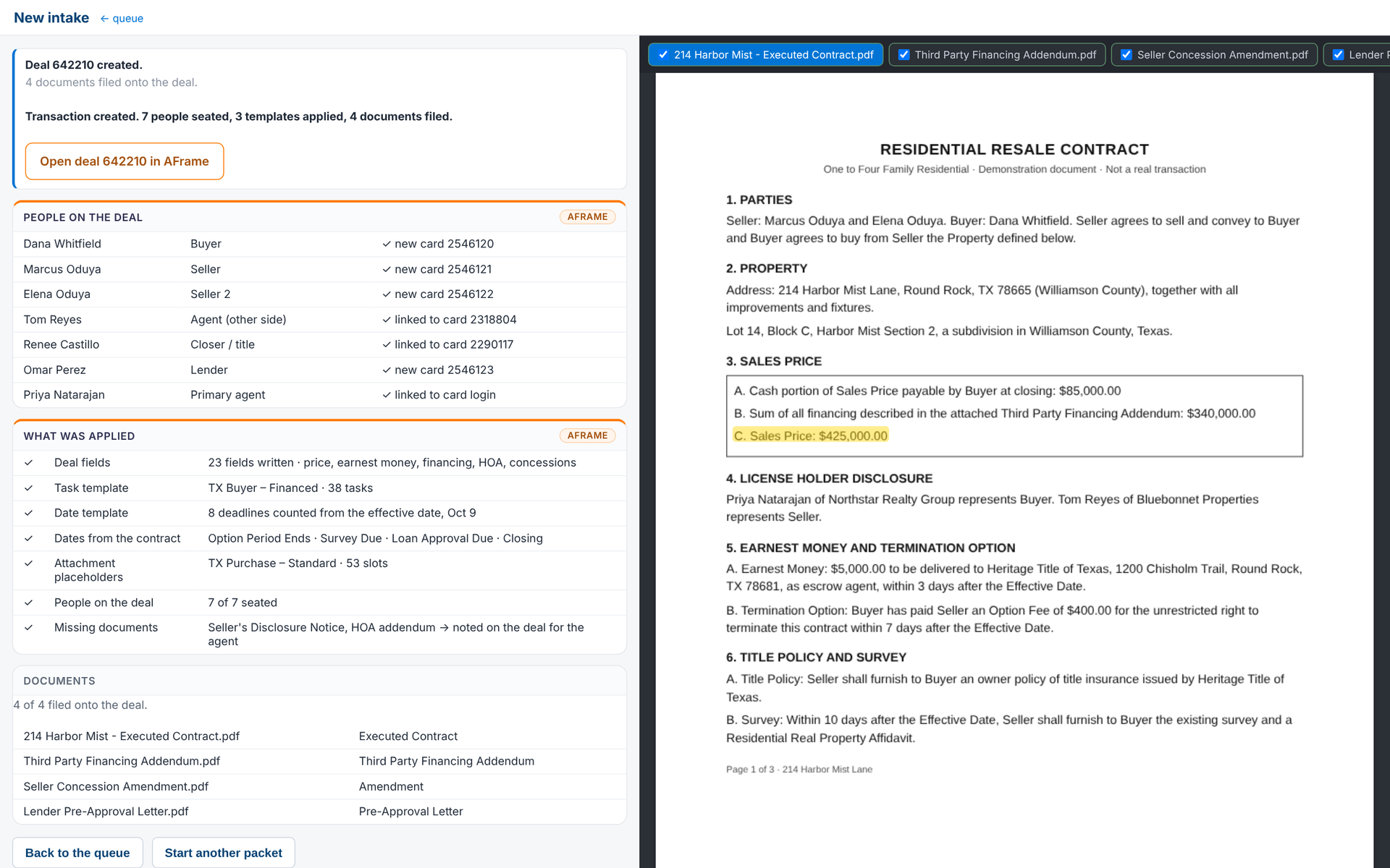Deal created in AFrame with details, contacts and documents pulled over